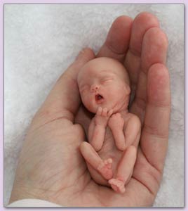 Klei popje ter grootte van een kindje in de moederschoot van 12 weken
